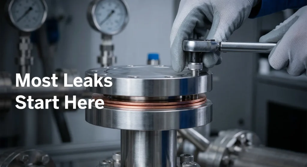 Close-up of a stainless steel vacuum flange being tightened with a torque wrench, showing the copper gasket seal.