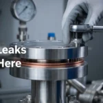 Close-up of a stainless steel vacuum flange being tightened with a torque wrench, showing the copper gasket seal.