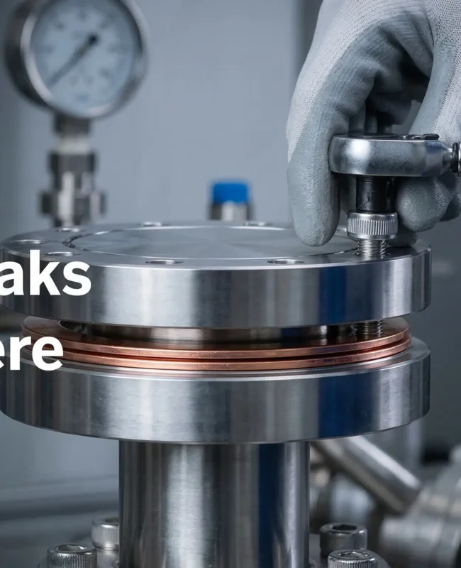 Close-up of a stainless steel vacuum flange being tightened with a torque wrench, showing the copper gasket seal.