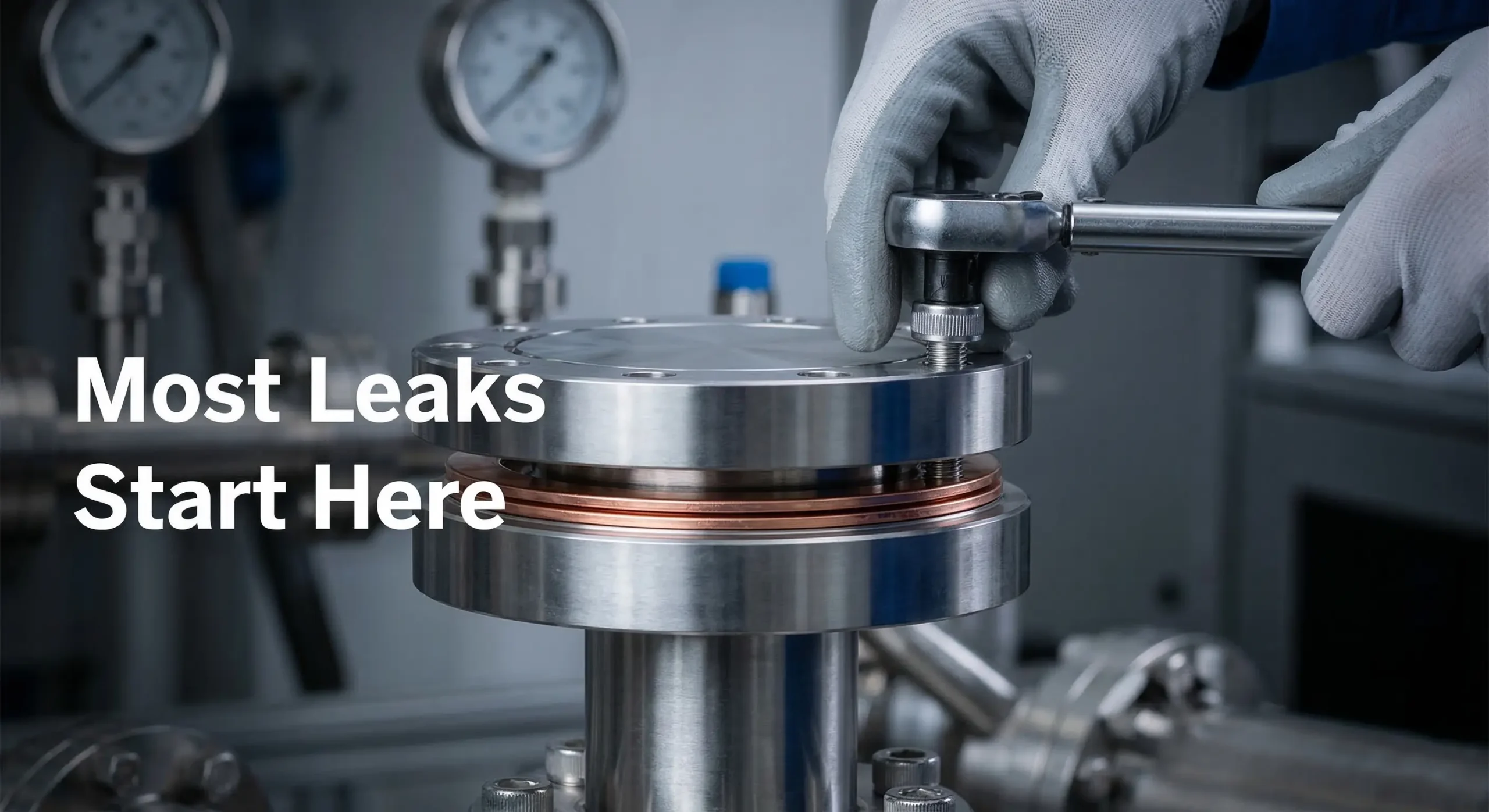 Close-up of a stainless steel vacuum flange being tightened with a torque wrench, showing the copper gasket seal.
