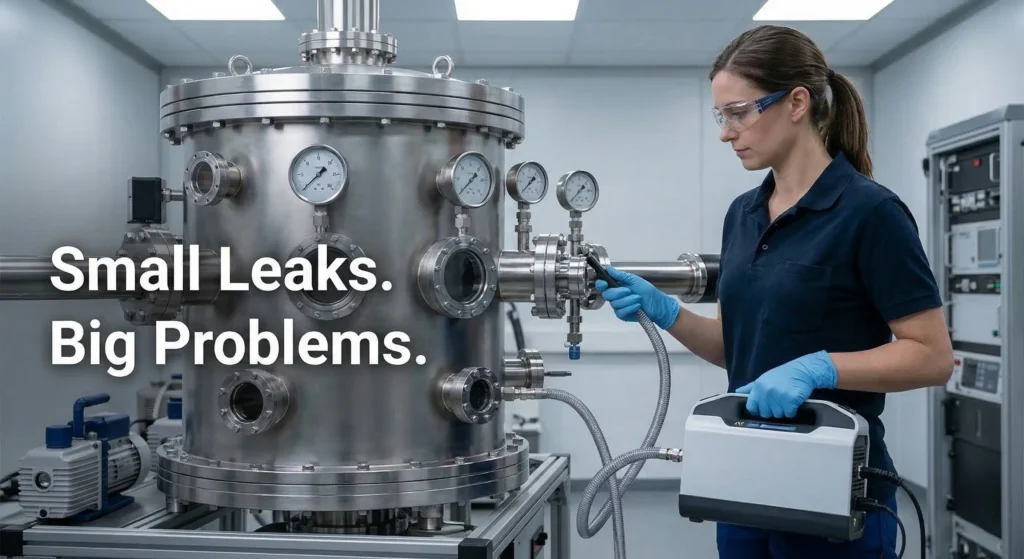 A female engineer using a handheld vacuum leak detector on a large industrial stainless steel vacuum chamber.