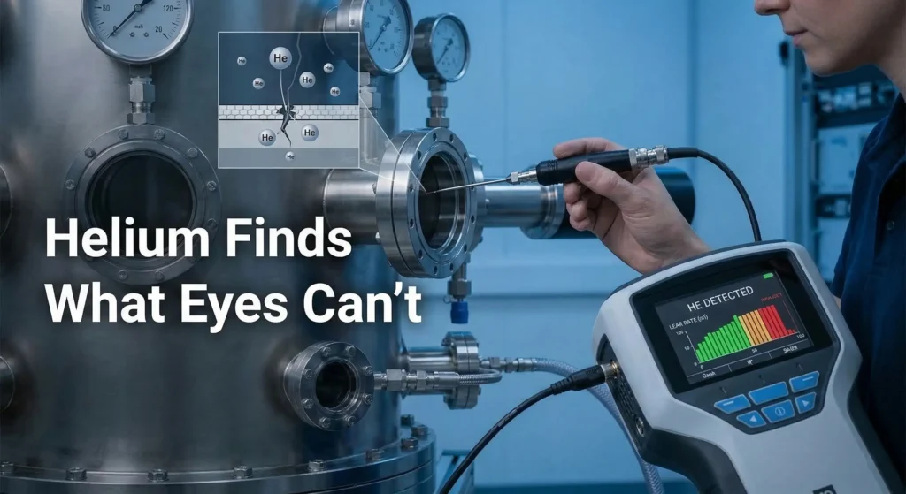 Digital display of a helium leak detector showing a "Helium Detected" alert with a graphic overlay of atoms entering a crack.